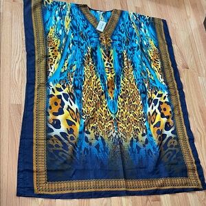 Winlar Long Caftan Dress Womens One Size Blue Yellow Leopard Print V Neck Maxi